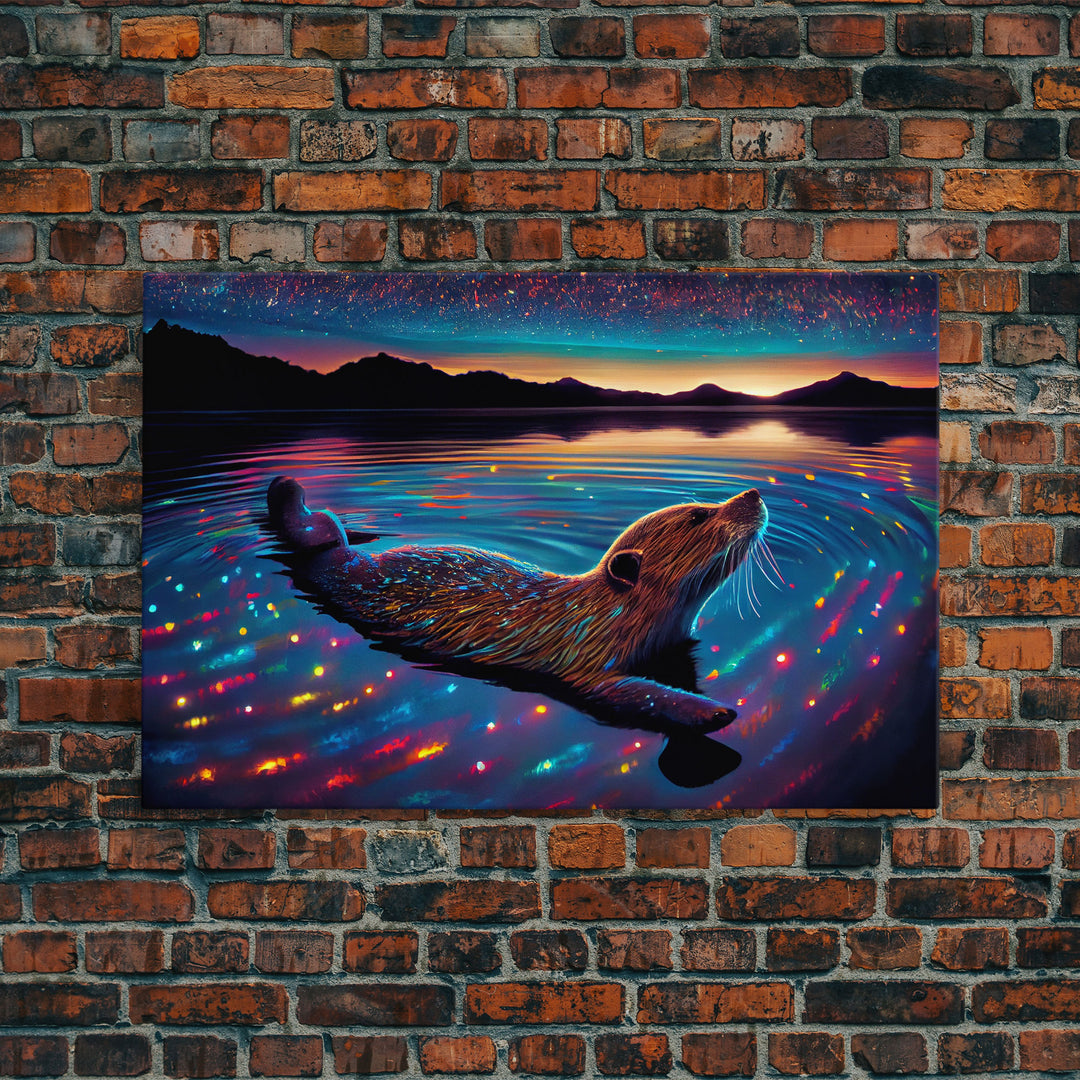 Cute beaver swimming at midnight, vaporwave aesthetic animal print art, starry night beaver, framed canvas print