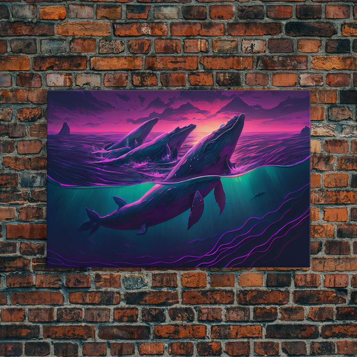 3 Blue Whales Breaching at Sunset, vaporwave synthwave ocean art, framed canvas print