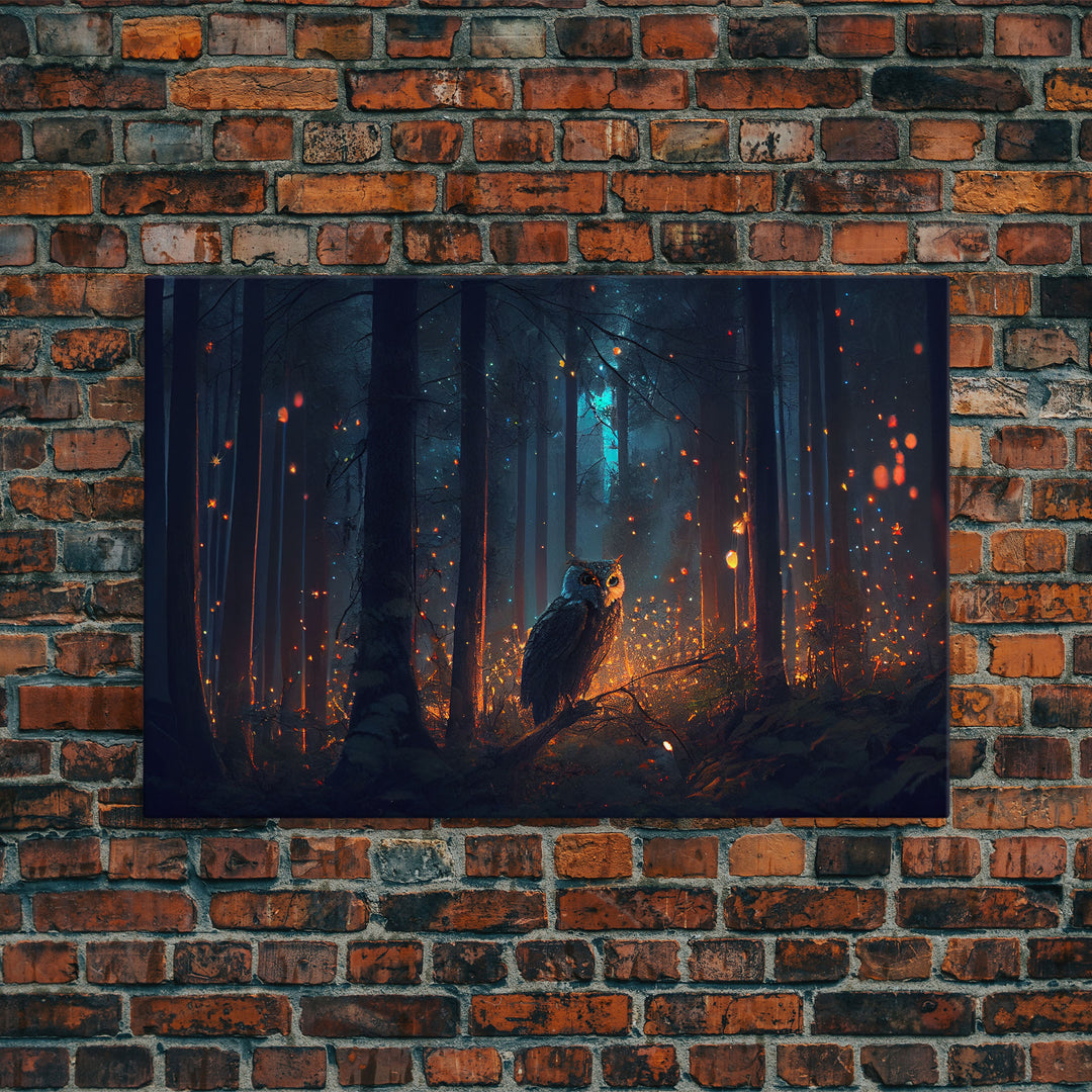 Fantasy forest art, Fireflies and the owl at midnight, framed canvas art, framed canvas print