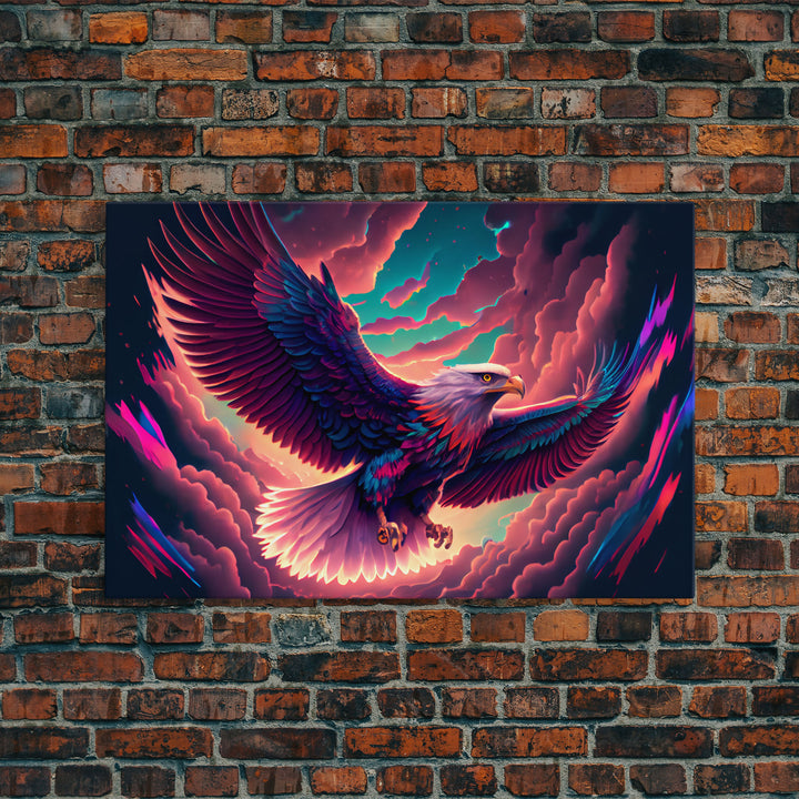 Birds of Prey art, bioluminescent Bald eagle, vaporwave art animal print, framed canvas print, framed canvas print, wall art with frame