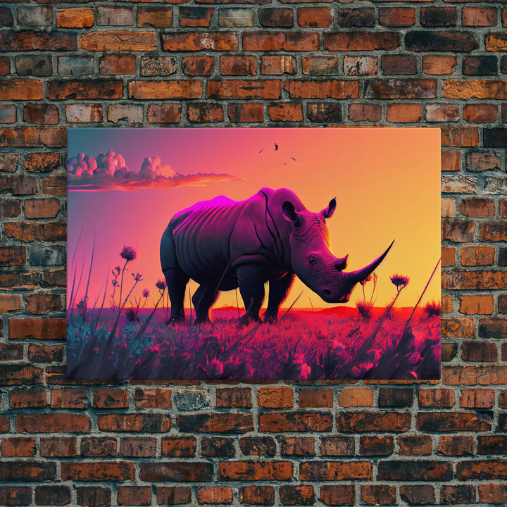 Rhino art, Pastel Rhinoceros at sunset, synthwave aniimal art, framed canvas art