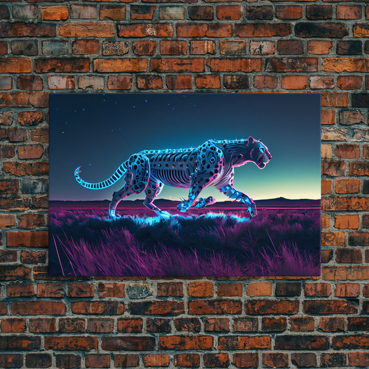 Robot Cheetah, Synthwave cyberpunk art, robot cheetah, framed canvas art, canvas print