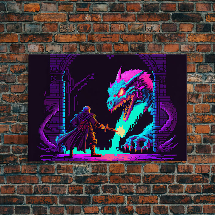 Wizard VS Hydra, RPG pixel art, vaporwave aesthetic video game pixel art, framed canvas print