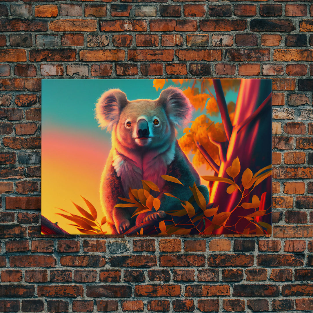 Cute Koala bear at sunset, vaporwave animal art, framed canvas print, framed wall art, ready to hang