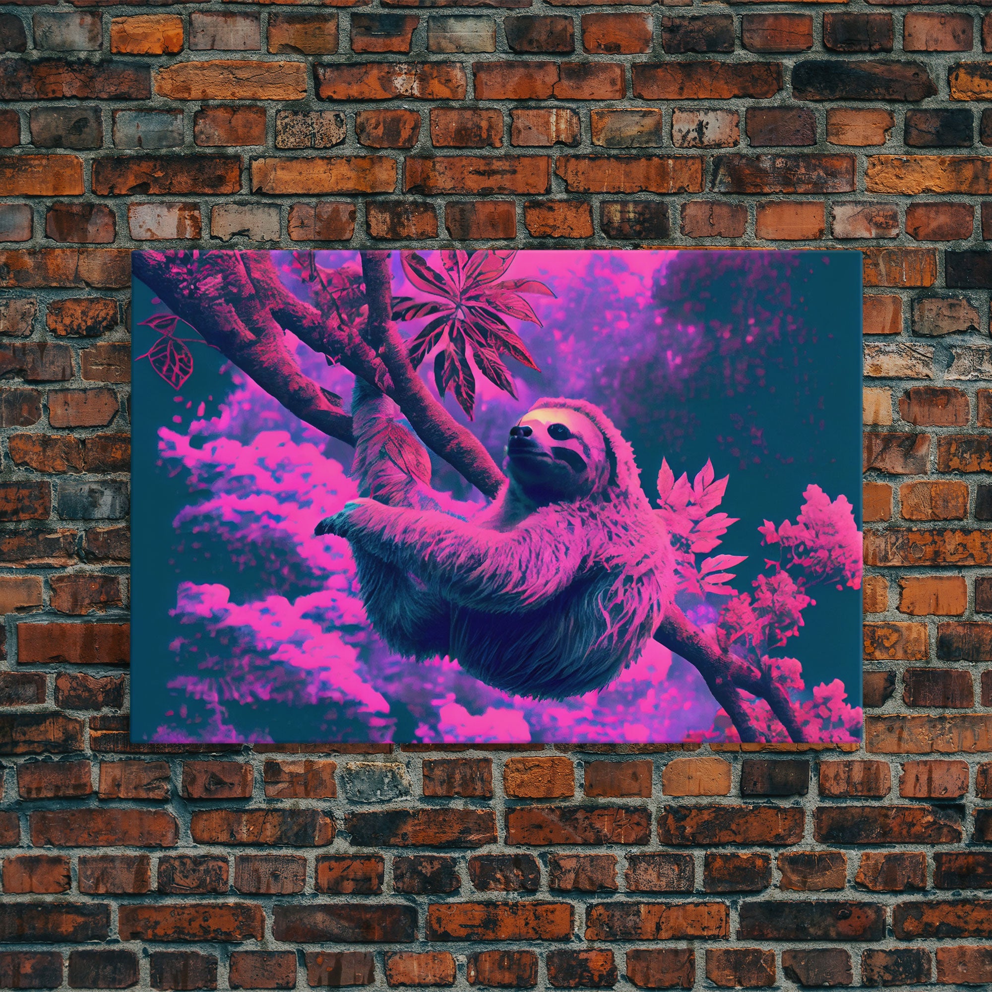 Sloth in a tree, synthwave retrowave animal print, framed canvas art