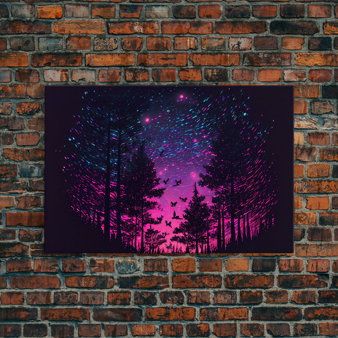 Synthwave Starry Night Time Lapse in a pine tree forest, framed canvas print, timelapse art