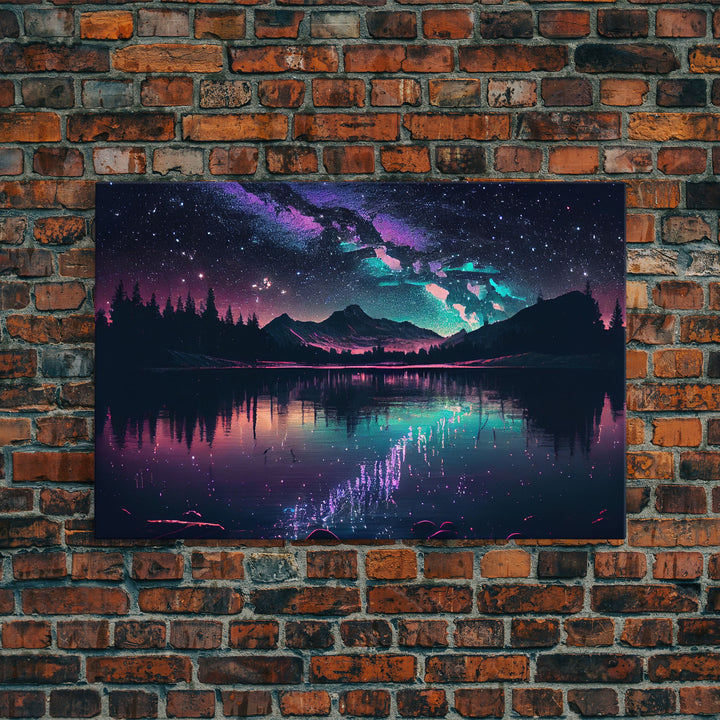 Vaporwave starry night over an Alaskan lake, Aurora borealis, framed canvas print, pastel nature art