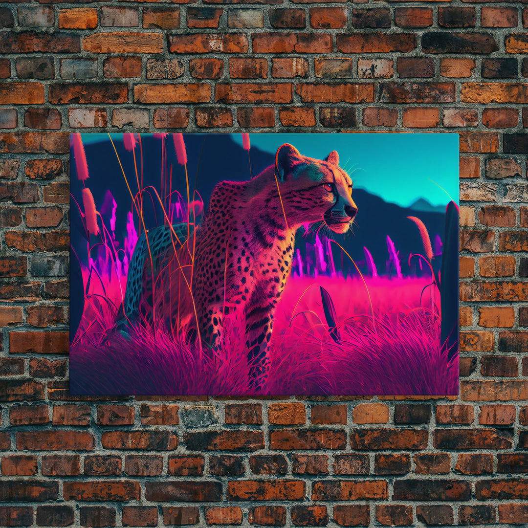 Cheetah on the hunt, vaporwave art, sunset hunter, framed canvas print, framed wall art