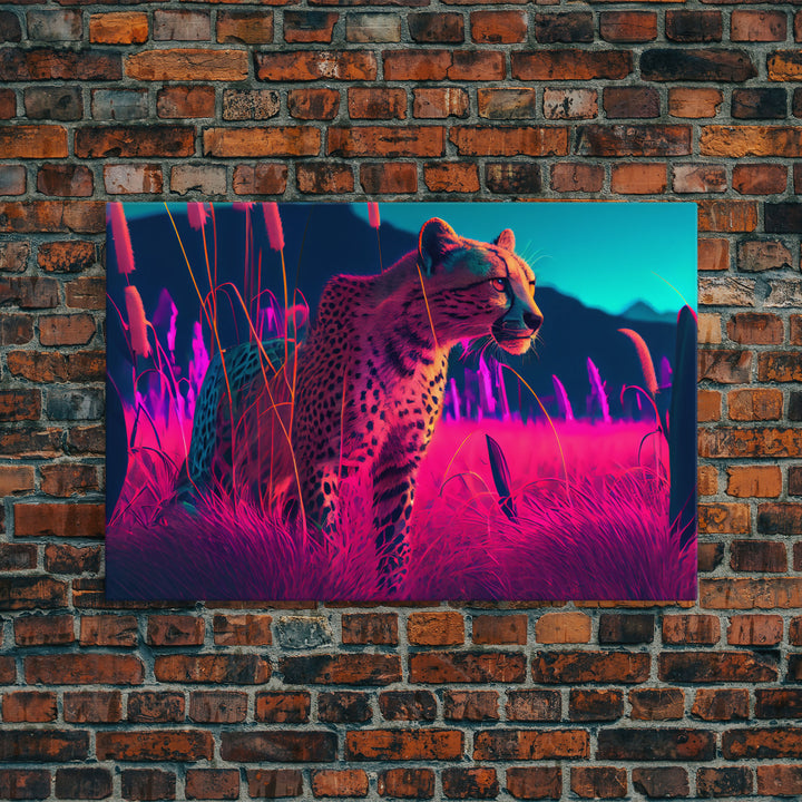 Cheetah on the hunt, vaporwave art, sunset hunter, framed canvas print, framed wall art