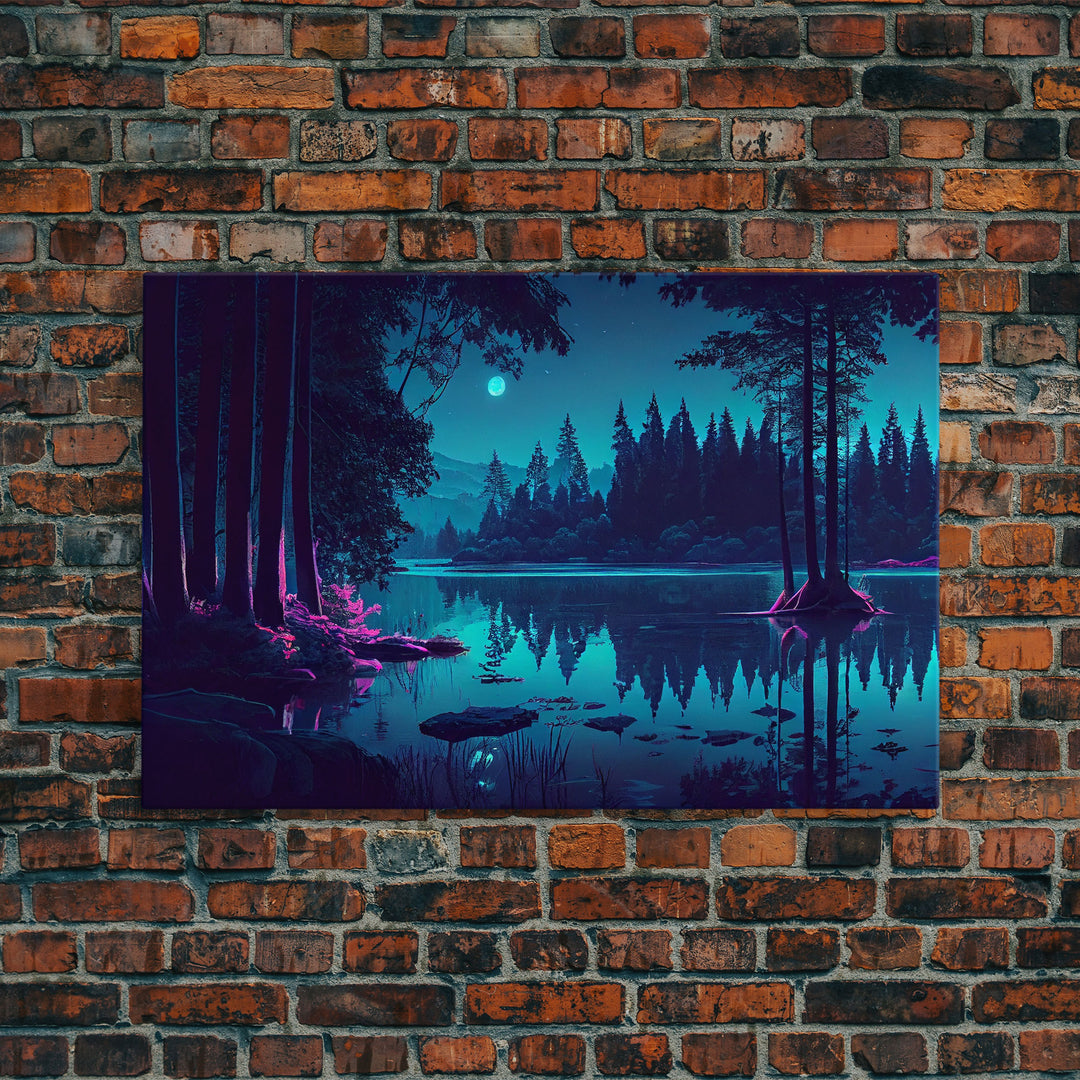 Vaporwave Full moon over the lake at midnight, framed canvas print, subdued art, watercolor painting print