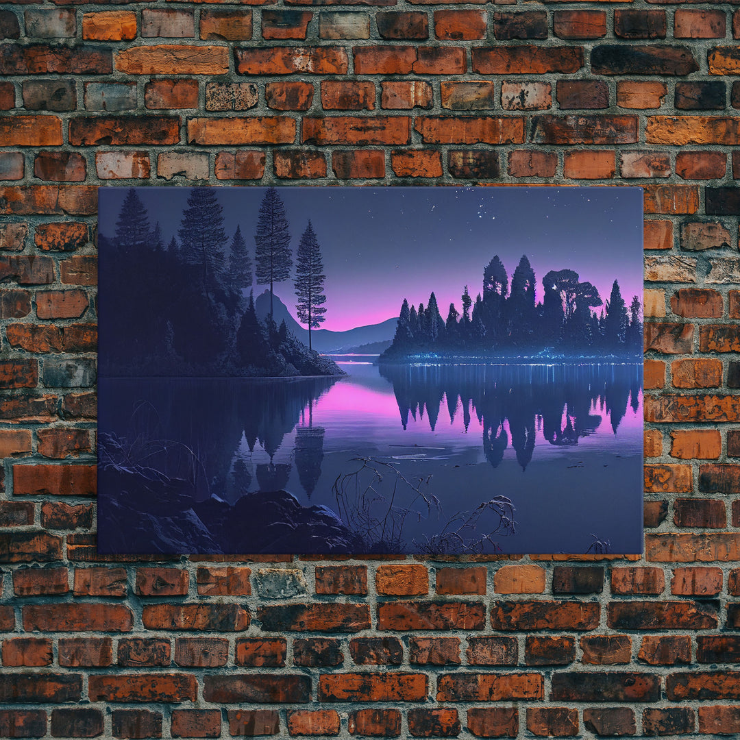 Reflections on the lake at midnight, framed canvas print, vaporwave aesthetic, purple sky