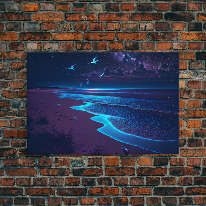 Vaporwave Starry night over a calm beach, watercolor, framed canvas print, synthwave wall art aesthetic