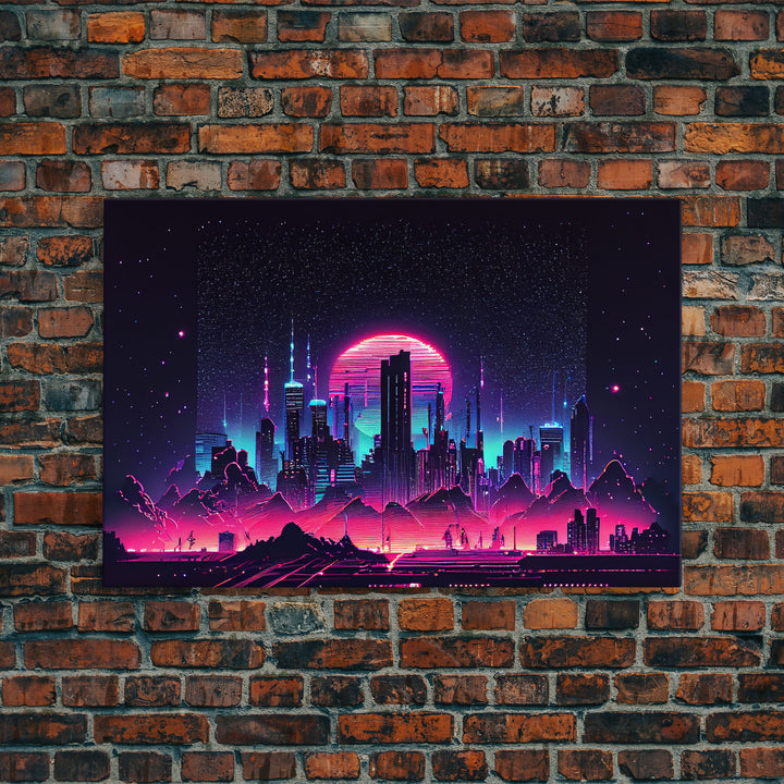 Cyberpunk city skyline superimposed over a sunset, synthwave style dystopian  art, framed canvas print