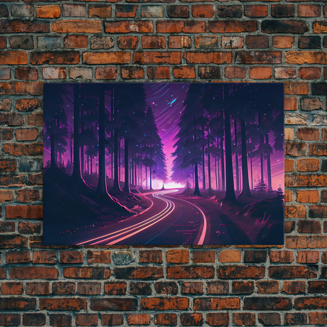 Northern Lights Purple Landscape Trees Road Swirling Stars Fine Art Print, Wall Decor, Wall Poster, Wall Art Print