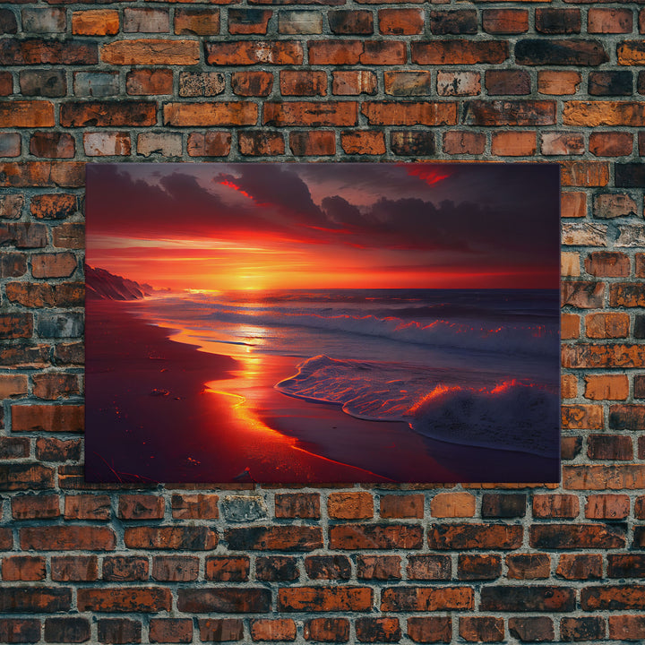 High tide slowly rolling in at sunset, beautiful beach art, framed canvas print