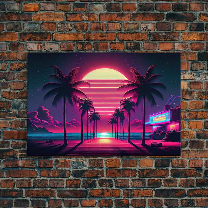 The Neon Boardwalk, Florida Synthwave Sunset, framed canvas print, retro style Miami vibes art