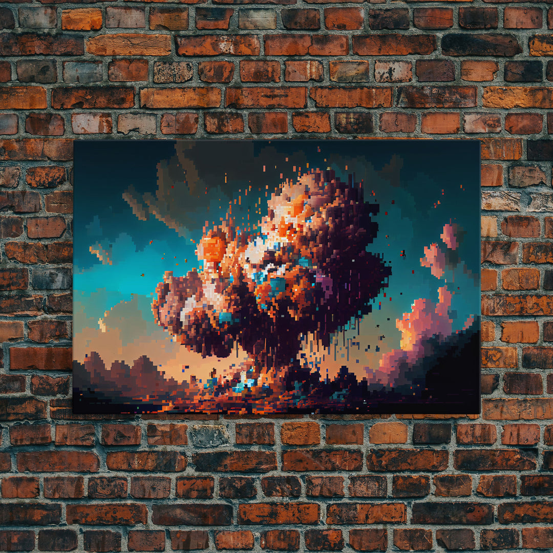 Pixel art atomic bomb, framed canvas print, pixel art explosion