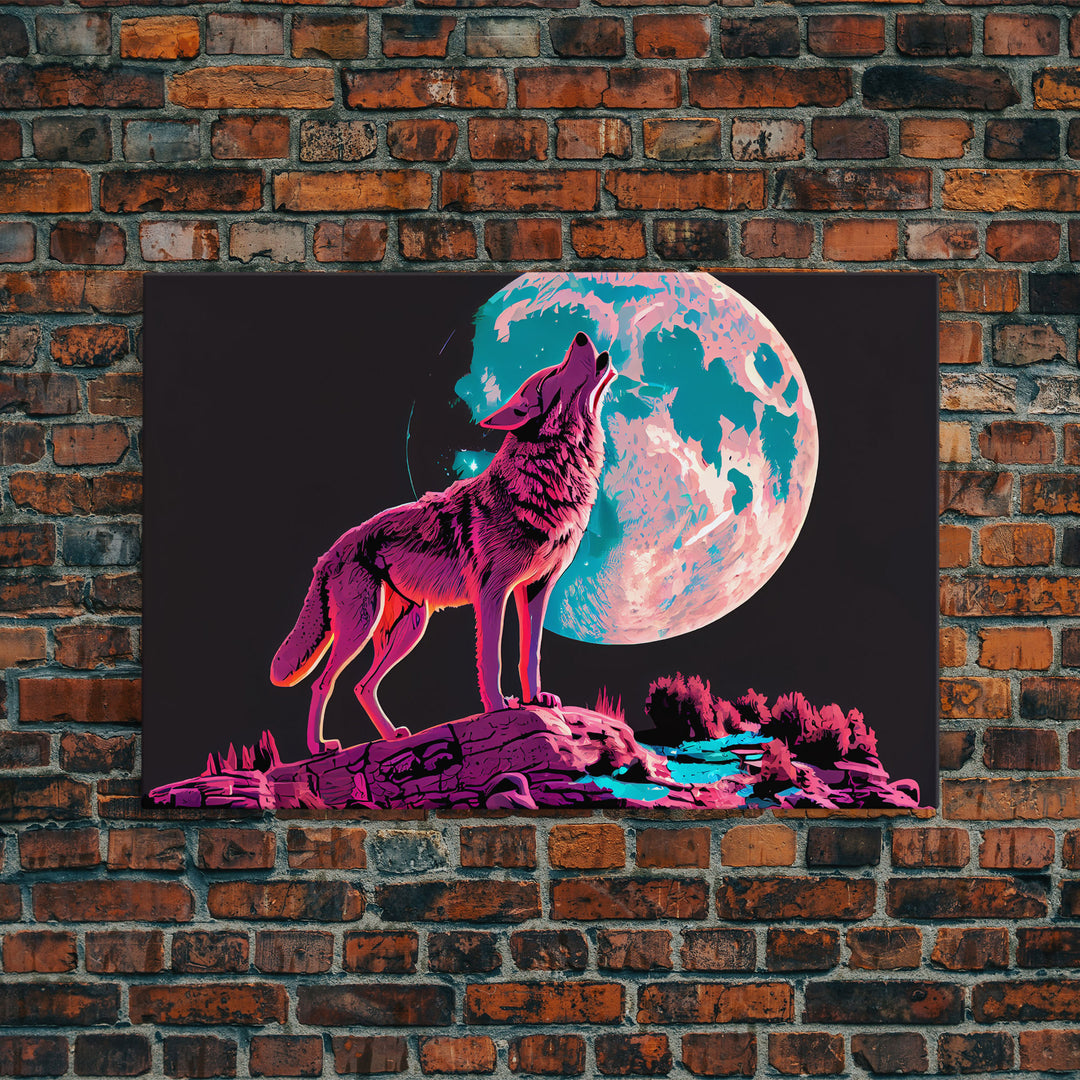 Howl at the moon, wolf art, framed canvas print, synthwave / vaporwave art