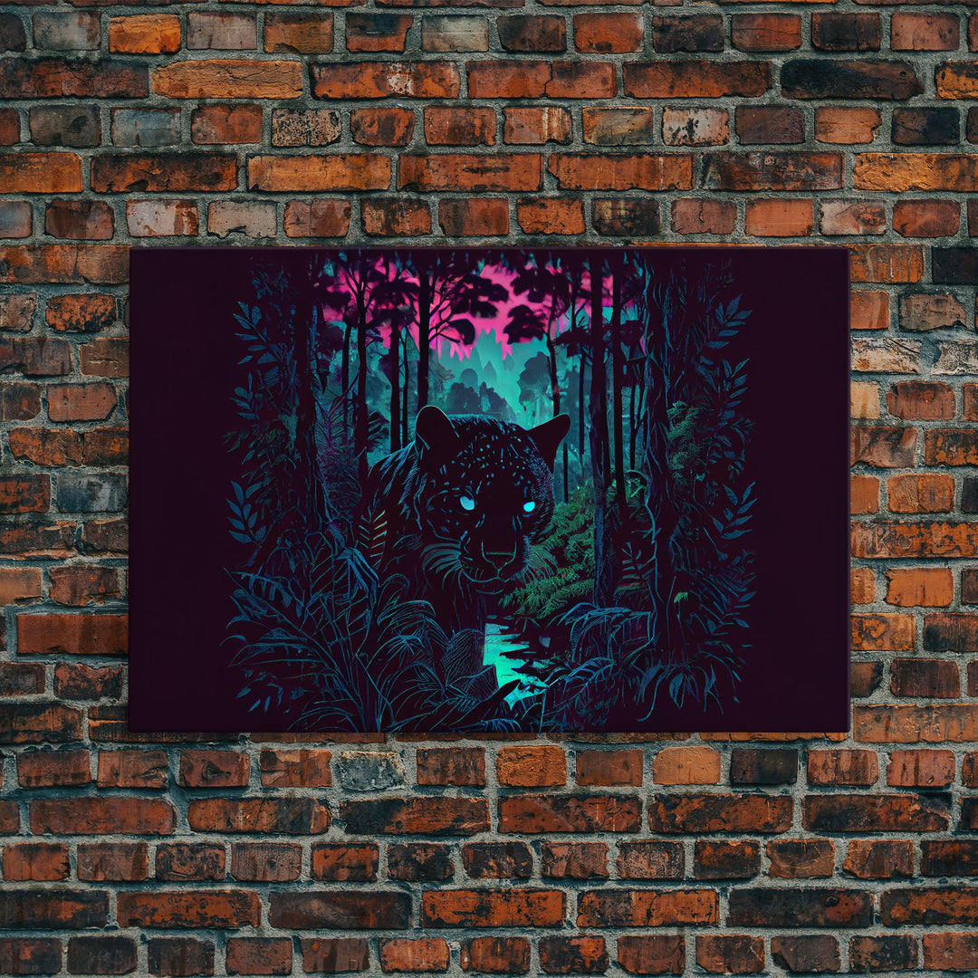 Panther in the jungle, framed canvas print, synthwave / vaporwave art