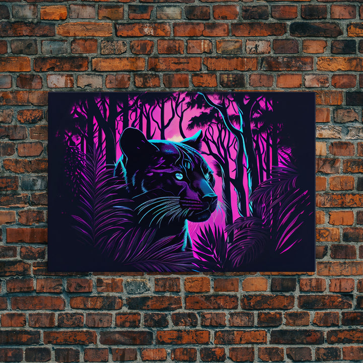 Vaporwave art,  framed canvas print, Jungle Panther synthwave portrait