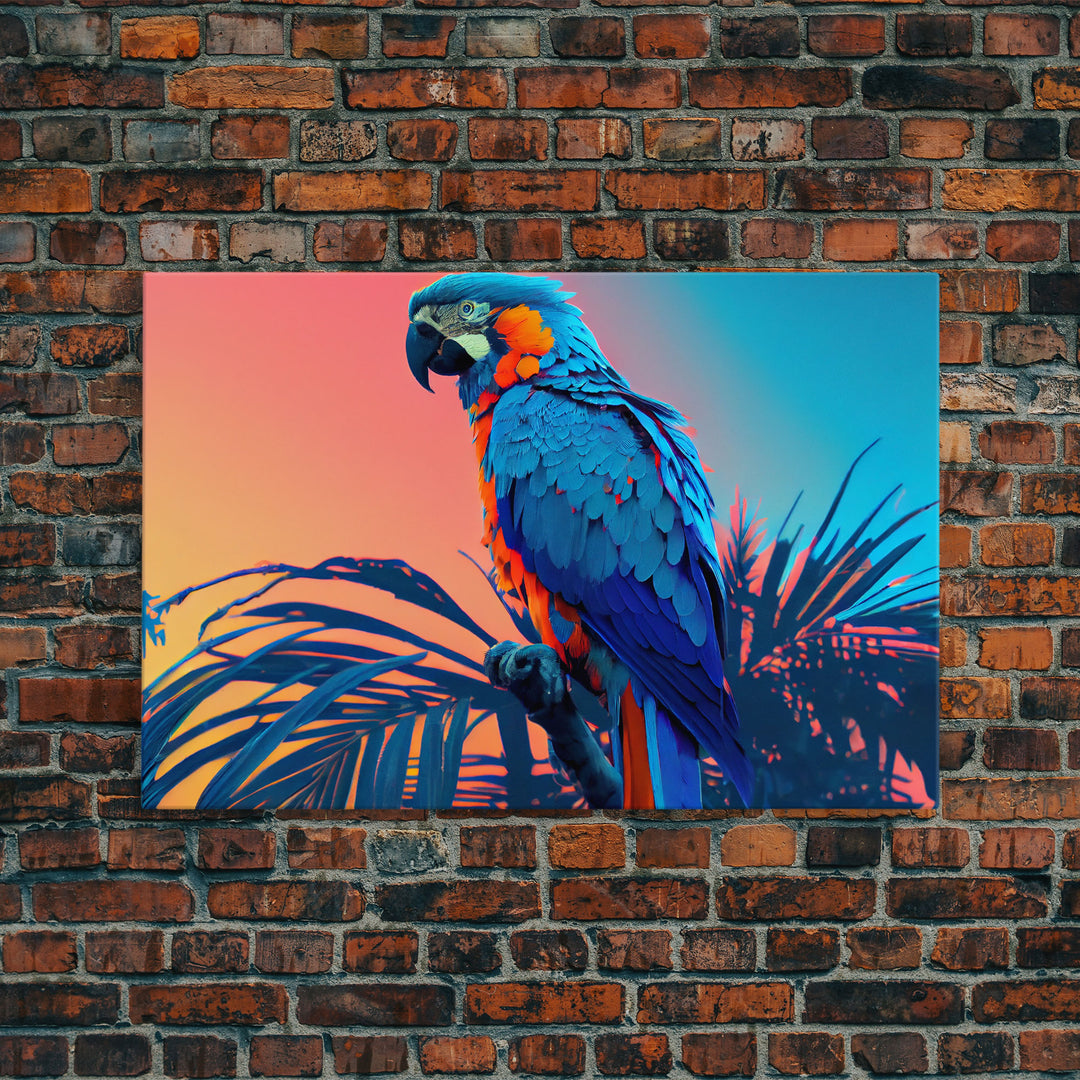 Birds of Paradise, Tropical Blue Parrot, Framed canvas print, beautiful wall art for vacation home