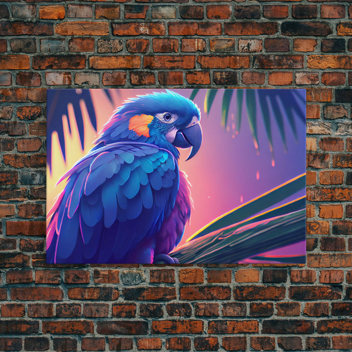 Tropical Blue Parrot, Framed canvas print, beautiful wall art for vacation home, birds of paradise