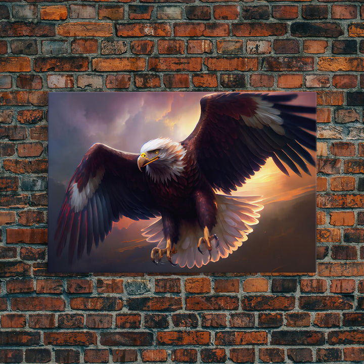 American Bald Eagle in Flight, watercolor, framed canvas print