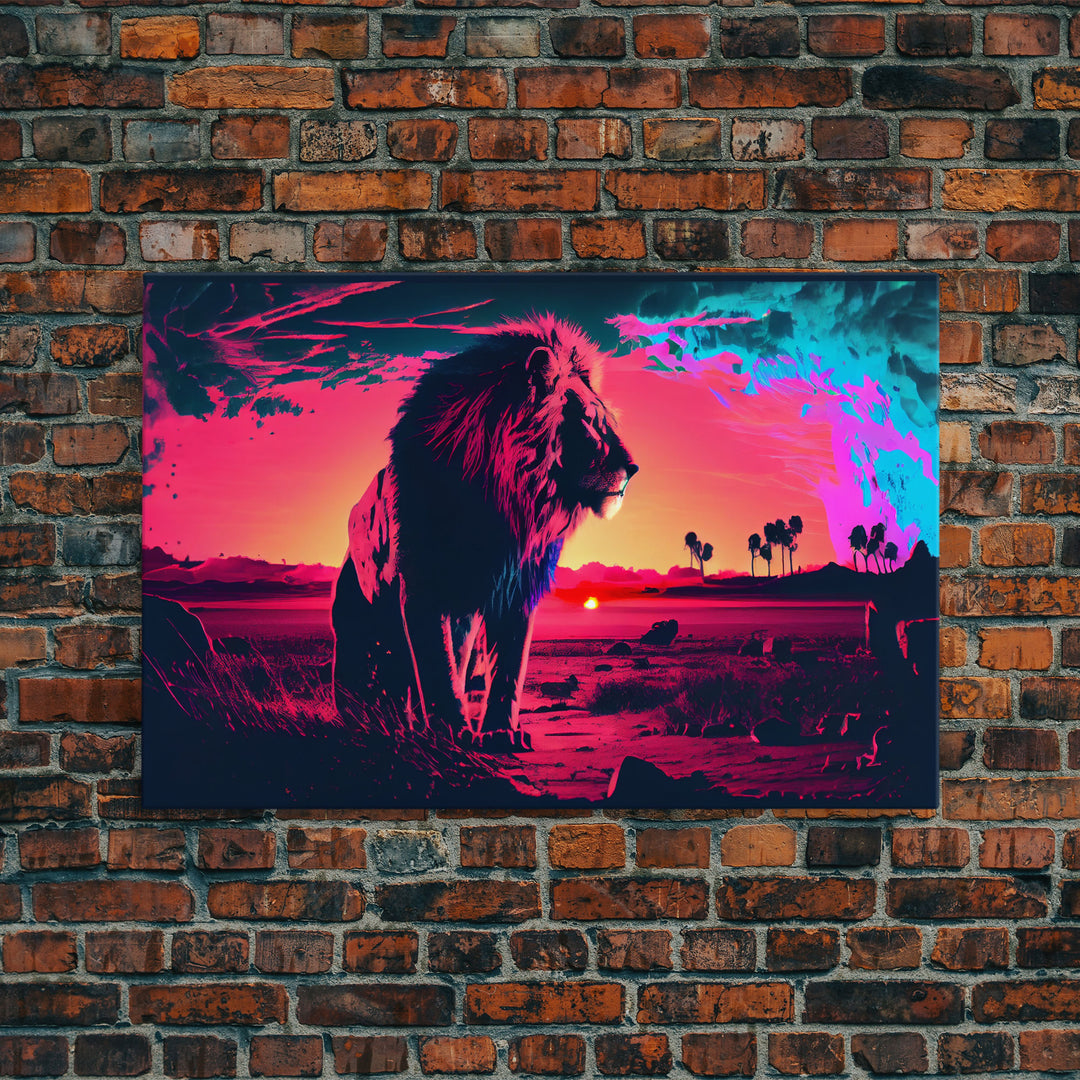 Synthwave style watercolor painting of an African lion, framed canvas print, colorful living room wall art