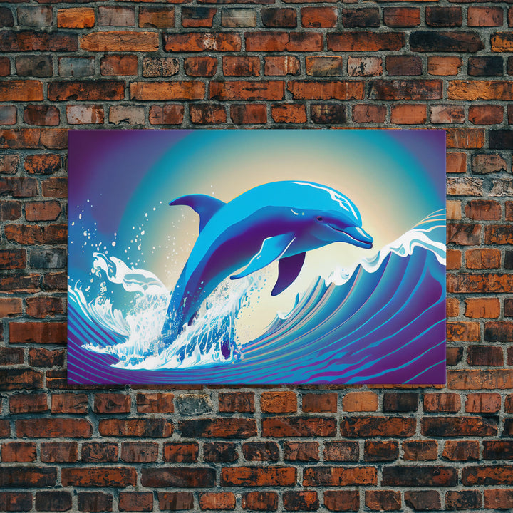 Dolphin riding a wave, cute animal prints, vaporwave animal art, framed canvas print