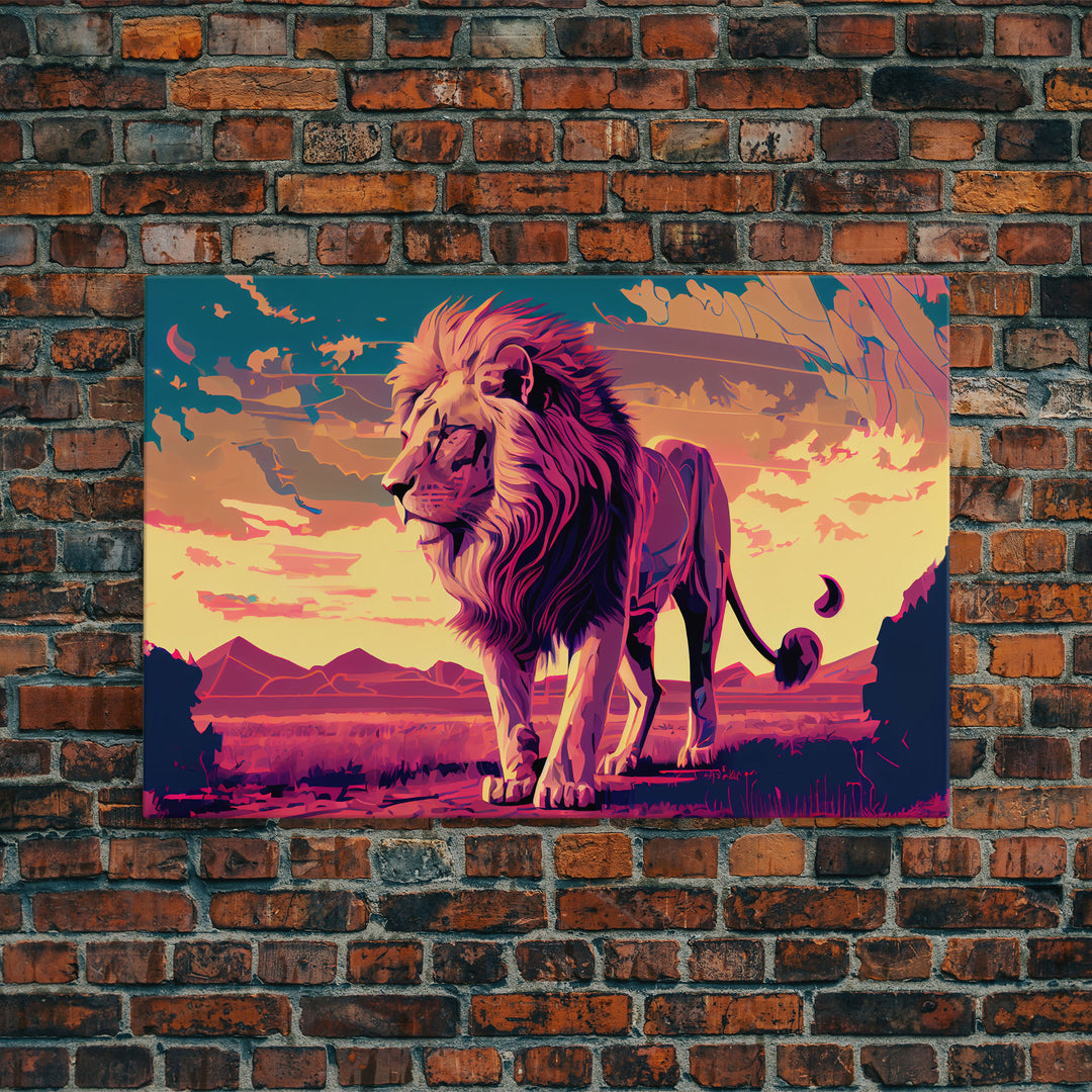 Retrowave watercolor painting of an African Lion, framed canvas print, unique large format wall art