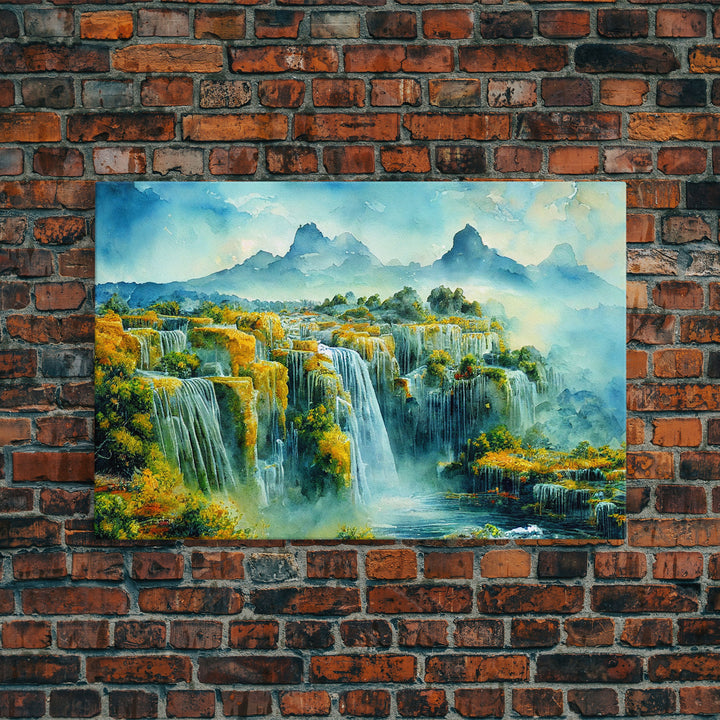 Water color painting of beautiful waterfalls, framed canvas print