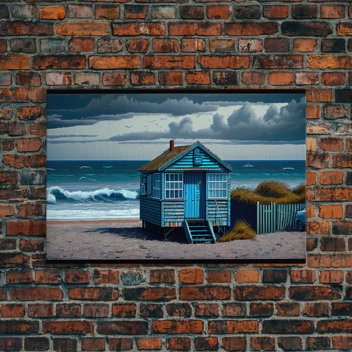 Sea side shack pixel art, New England style beach art, framed canvas print, beautiful lake house art