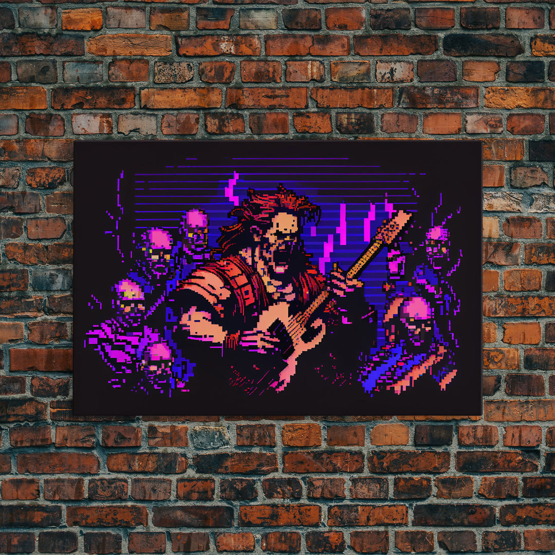 Human bard pixel art, vaporwave RPG concept art, framed canvas print, synthwave tabletop art