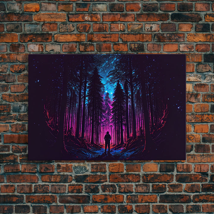 Contemplating the stars, vaporwave aesthetic, forest art, starry night, framed canvas print, outrun art