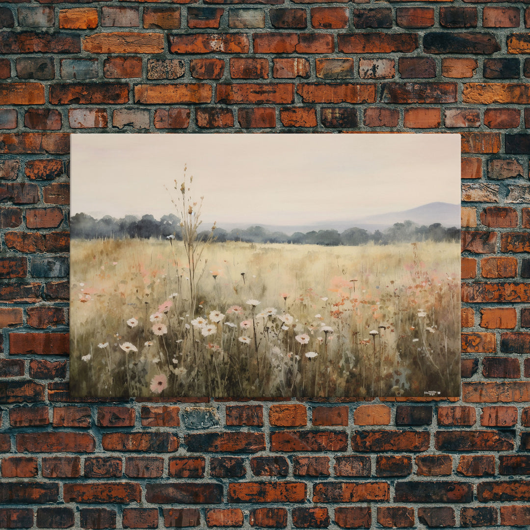 Wildflower Fields Landscape Oil Painting Print Large Wall Art Print, Framed Canvas Nature Wall Decor, Rustic Living Room Country Landscape