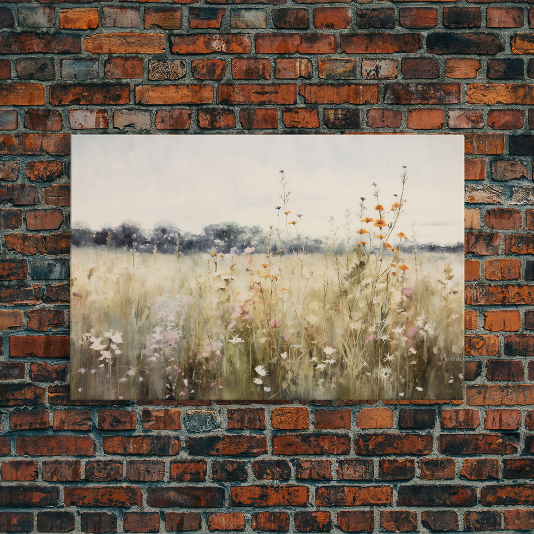 Rustic Country Wildflower Landscape Oil Painting Canvas Print Reproduction, Framed Wall Art, Rustic Farmhouse Decor, Gift For Her