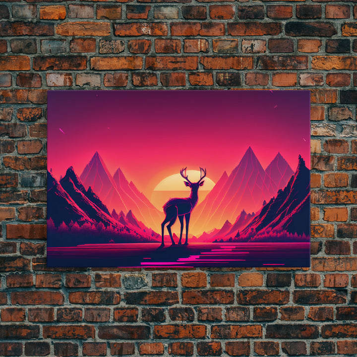 Deer at sunset, outrun style nature animal print, framed canvas print, sunrise art