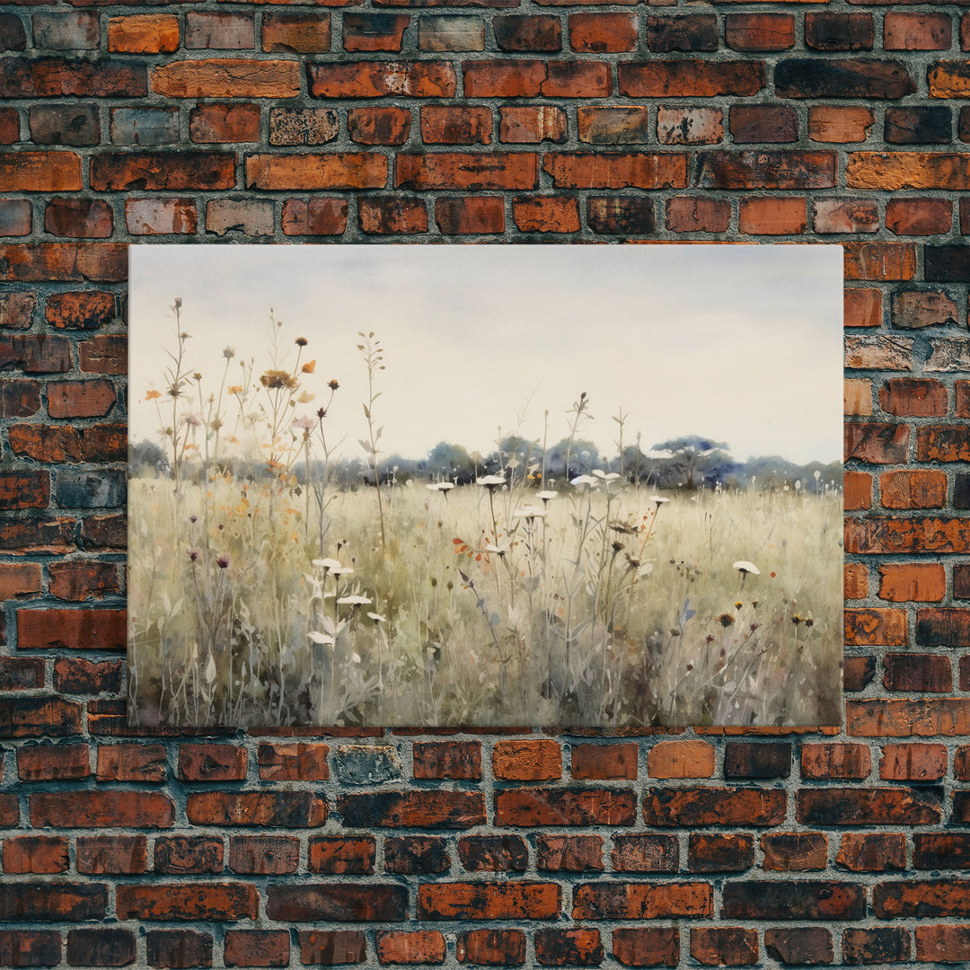 Rustic Country Wildflower Landscape Oil Painting Canvas Print Reproduction, Framed Wall Art, Rustic Farmhouse Decor, Muted Art, Moody Art