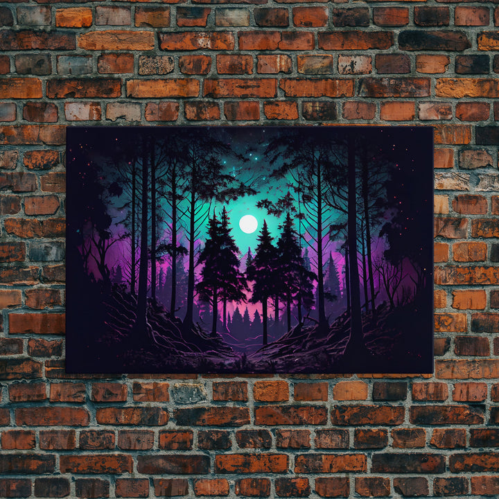 Fantasy forest art, full moon visible through the trees, framed canvas print, framed wall art