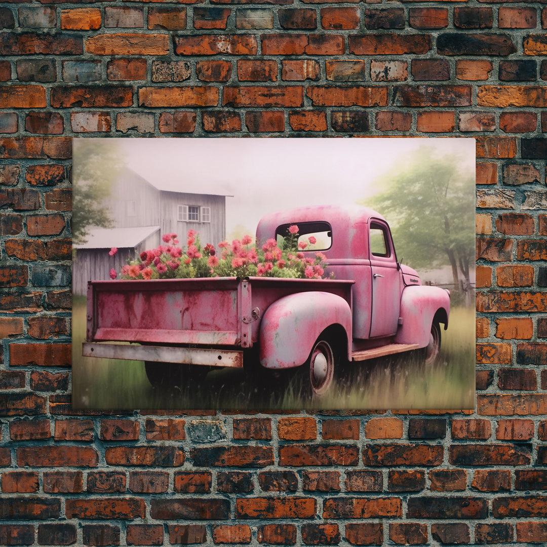 Old Pink Truck Used As a Flower Bed, Framed Canvas Print Or Poster, Rustic Farmhouse Decor, Primitive Art, Country Home Art