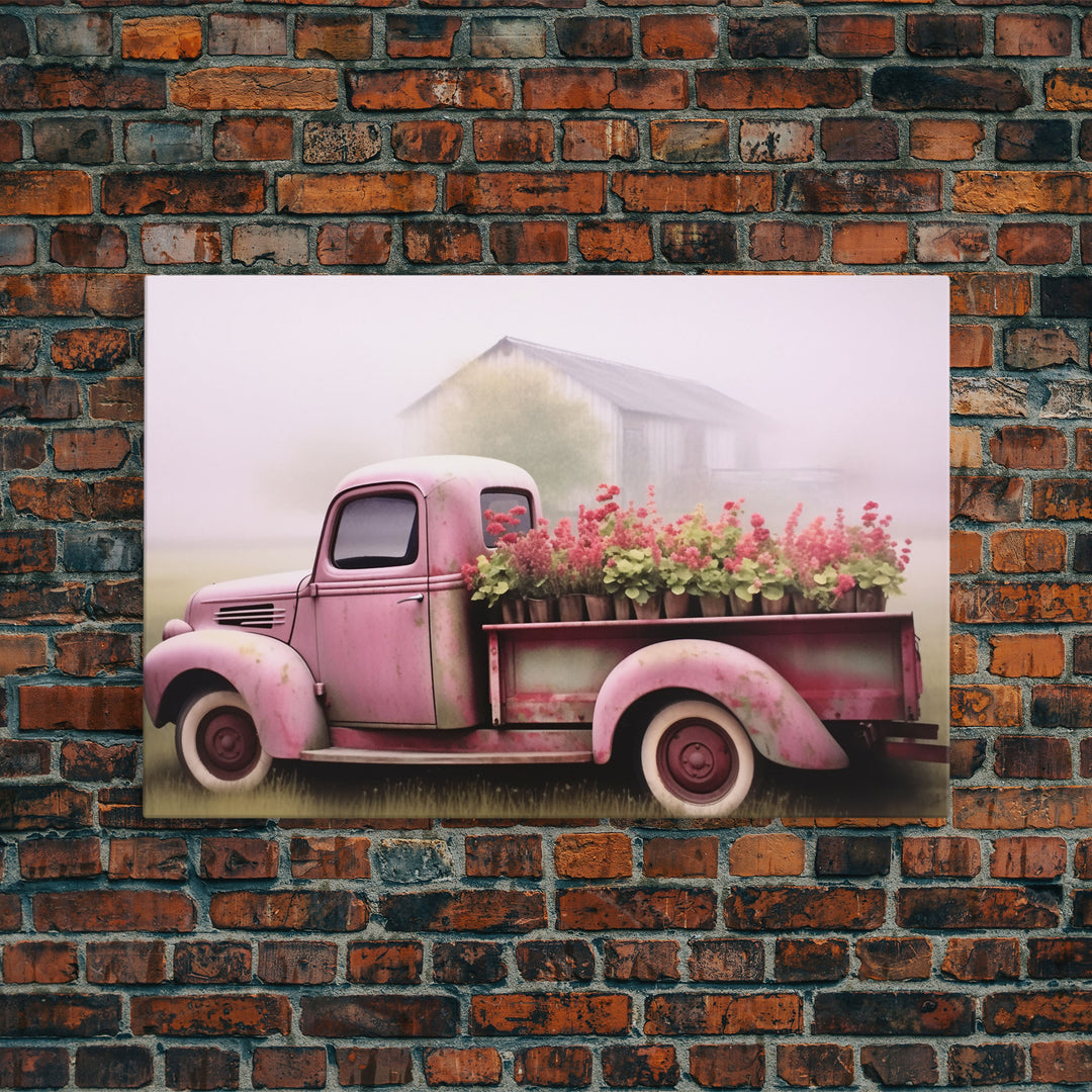 Framed Picture of old truck with beautiful flowers in bed of truck, farmhouse living, old barn, farmhouse distressed, framed canvas print