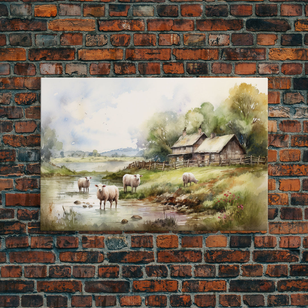 Sheep Grazing By The River, Vintage Art Canvas Print, Vintage Home Decor, Large Canvas Wall Art, Vintage Farmhouse Decor, Vintage Landscape