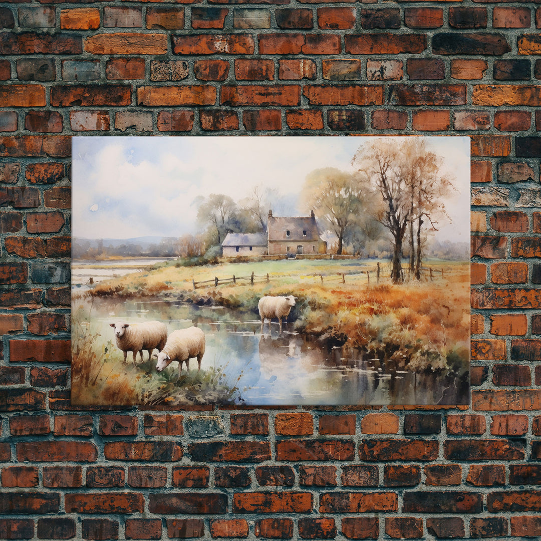 Sheep Grazing By The River, Vintage Art Canvas Print, Vintage Home Decor, Large Canvas Wall Art, Vintage Farmhouse Decor, Vintage Landscape