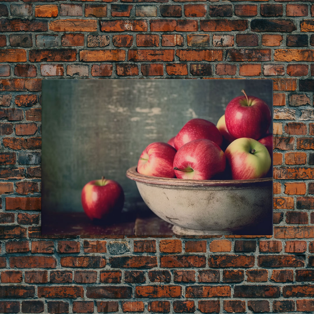 Primitive Kitchen Art, Framed Canvas Print, Still Life of Apples In A Rustic Bowl, Photography Print, Kitchen Decor, Country Kitchen