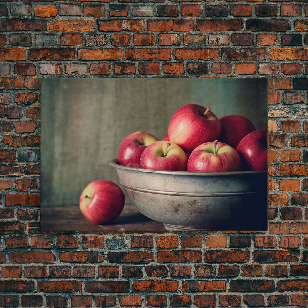 Farmhouse Kitchen Art, Framed Canvas Print, Still Life of Apples In A Rustic Bowl, Photography Print, Kitchen Decor, Rustic Country Kitchen