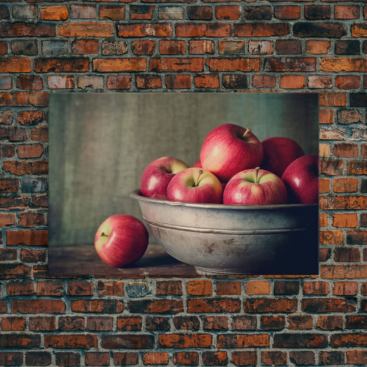 Farmhouse Kitchen Art, Framed Canvas Print, Still Life of Apples In A Rustic Bowl, Photography Print, Kitchen Decor, Rustic Country Kitchen