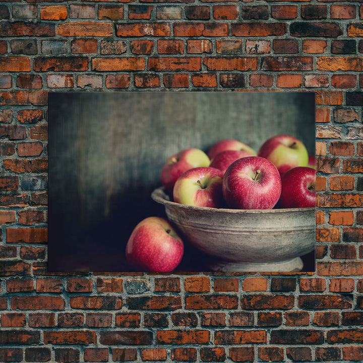 Farmhouse Kitchen Art, Framed Canvas Print, Still Life of Apples In A Rustic Bowl, Photography Print, Kitchen Decor, Rustic Country Kitchen