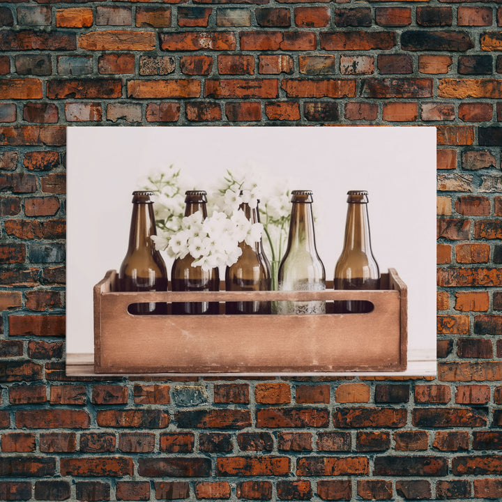 Primitive Kitchen Wall Art, Framed Canvas Print, Antique Bottles With White Flowers In A Wooden Crate, Still Life Kitchen Decor, Minimalist