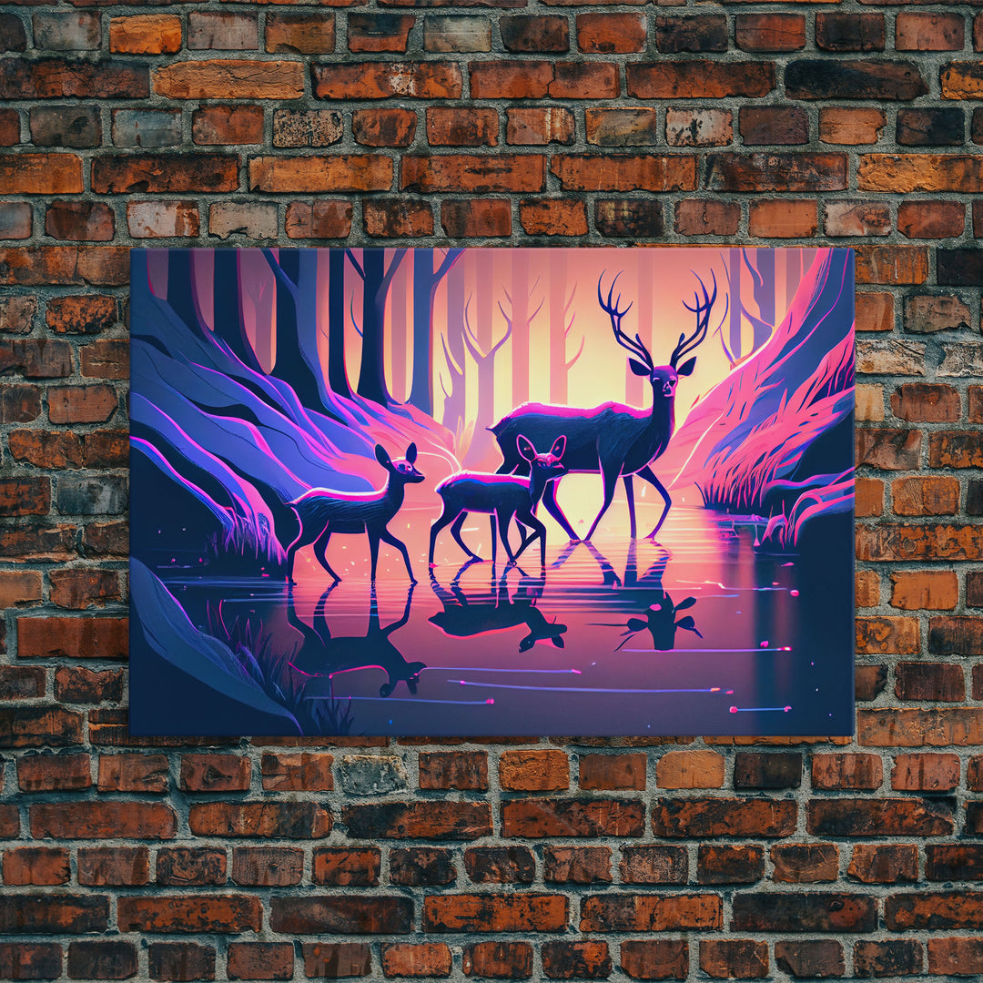 Vaporwave nature art, family of Deer in the forest, pastel art, framed canvas print, framed wall art