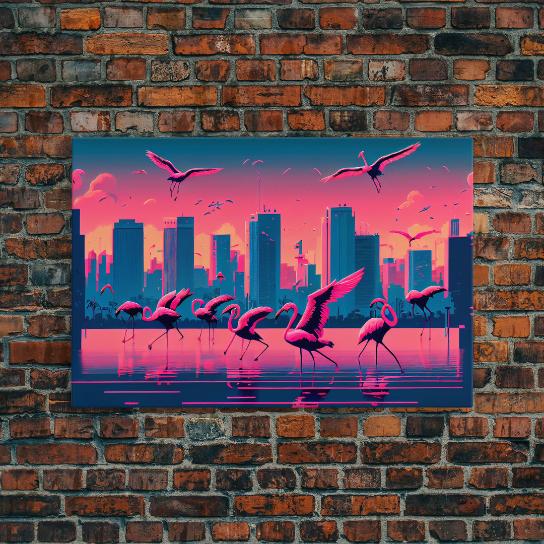 Pink Flamingos, Vaporwave aesthetic style art, framed canvas print, framed wall art